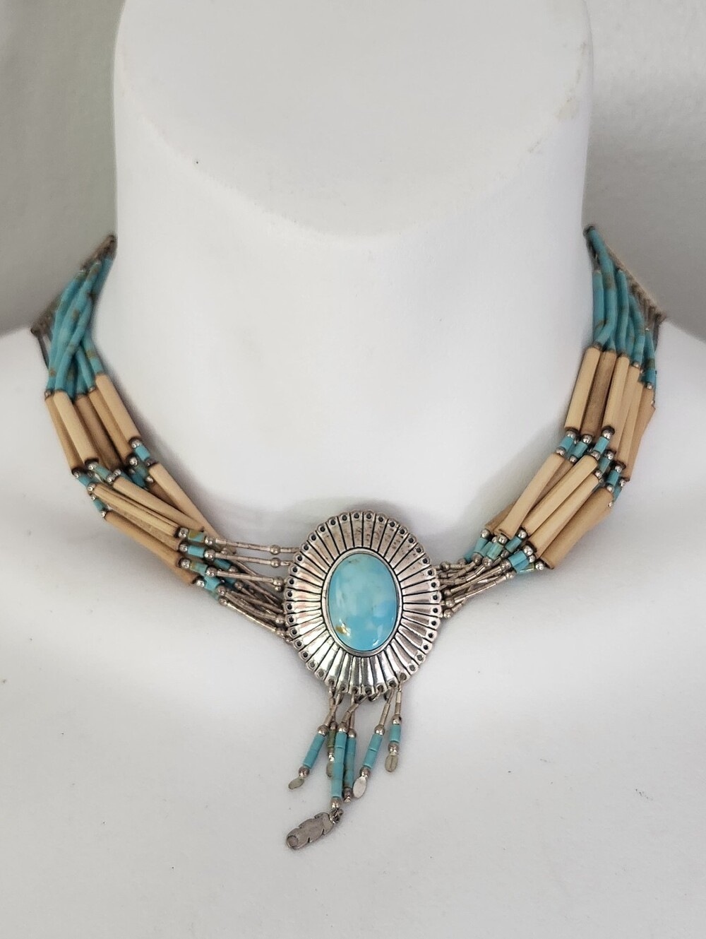 Native American Sterling Silver 925 Turquoise Bead Multi-Strand Pendant Choker